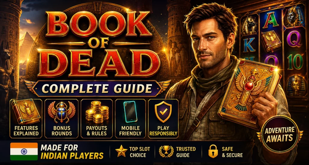Book of Dead Complete Guide banner with Egyptian explorer, golden ancient book, glowing slot reels, treasure symbols, mobile casino interface, and adventure-themed visuals for Indian players.