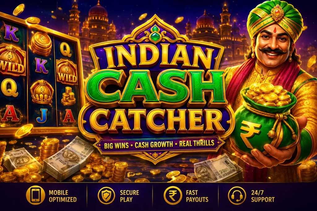 Indian Cash Catcher slot banner with gold coins, Indian-themed casino design, mobile slot reels, jackpot visuals and festive cash gameplay atmosphere