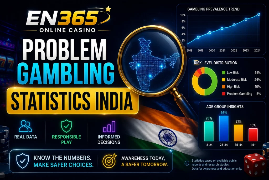 EN365 Problem Gambling Statistics India banner with responsible gaming data charts, India map analysis, risk level distribution, age group insights, and safer gambling awareness visuals.