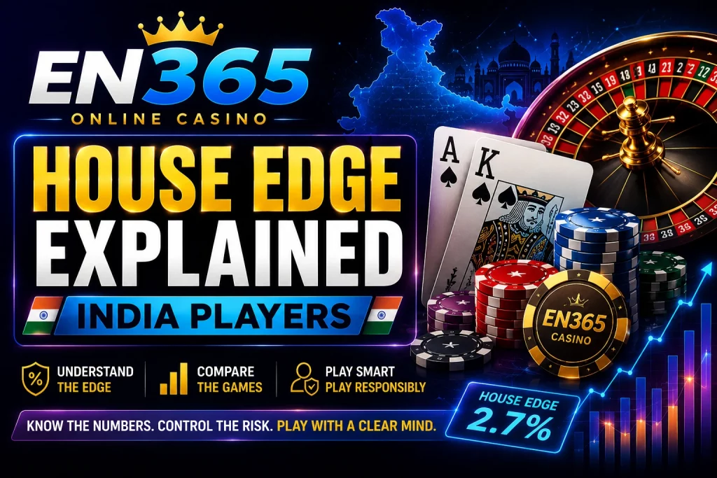 EN365 Online Casino banner for House Edge Explained India Players with cards, roulette wheel, chips and house edge chart.