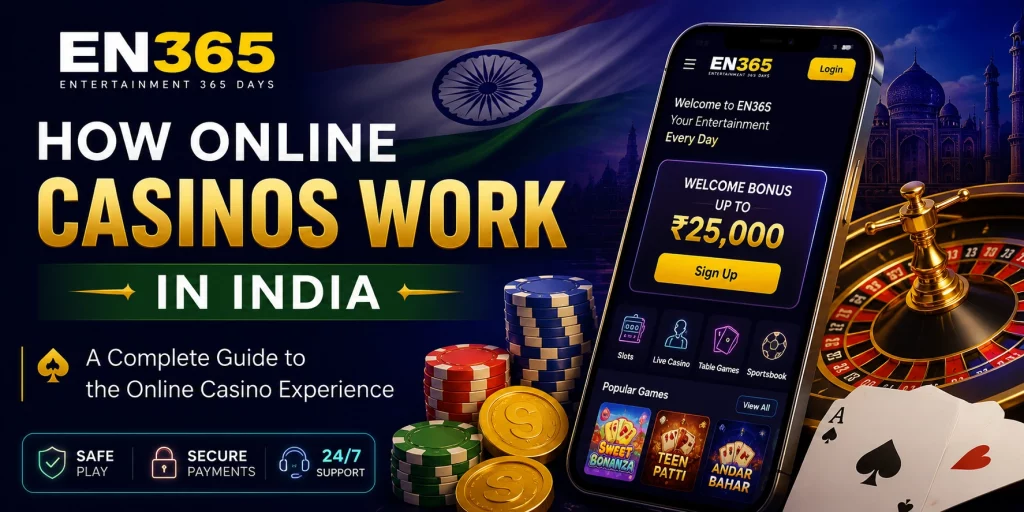 EN 365 showing a professional online casino platform interface with roulette wheel, poker chips, slot machines, and playing cards.