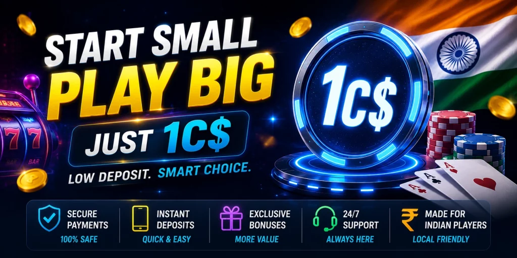 EN365 1C$ guide banner for Indian players with low deposit message, casino chips, slot machine, rupee icon, secure payment symbols and bright neon casino visuals.
