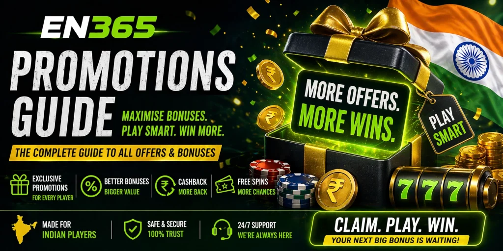 EN 365 Promotions banner with glowing casino bonus icons, spinning slot reels, cashback symbols, free spins graphics, and neon-style gaming elements on a modern dark background designed for online casino promotional offers and rewards.