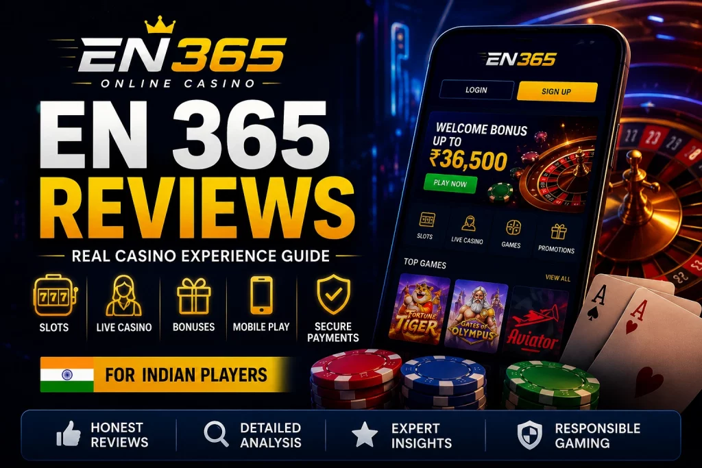 EN 365 Reviews casino banner for Indian players with mobile casino, slots, bonuses, secure payments and responsible gaming theme