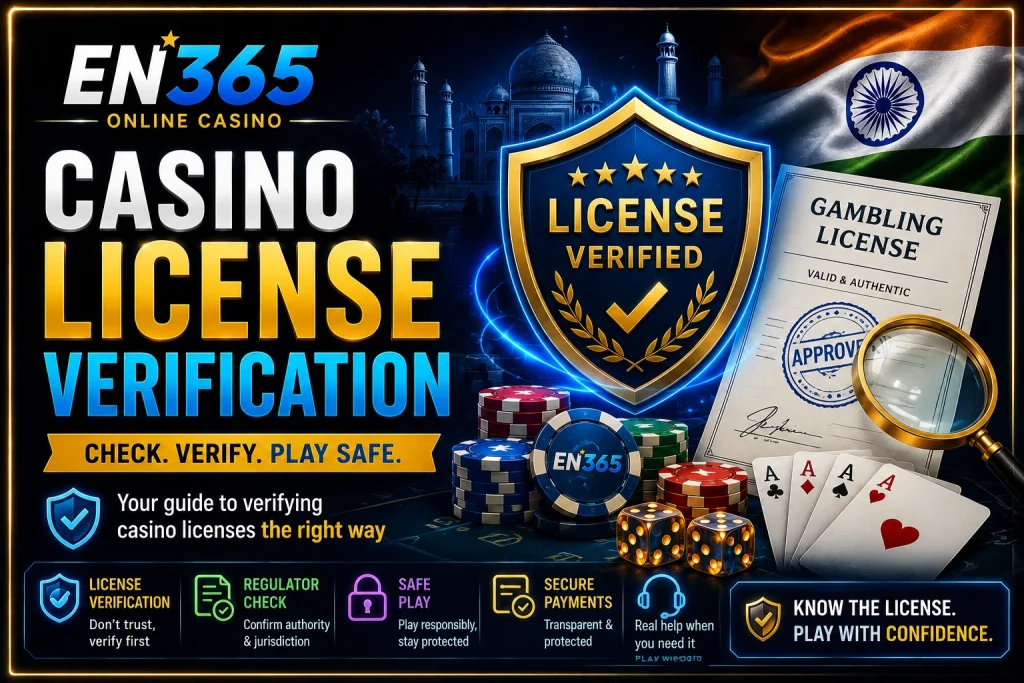 EN 365 online casino banner for “Casino License Verification” featuring a licence verification shield, secure casino dashboard, India-inspired visuals, cybersecurity icons, legal document symbols, and safe payment indicators in a modern blue and gold style.