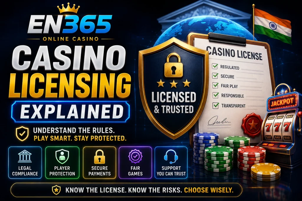 EN365 Casino Licensing Explained banner with secure license certificate, legal compliance shield, casino chips, digital verification icons and modern India-focused gaming regulation concept.