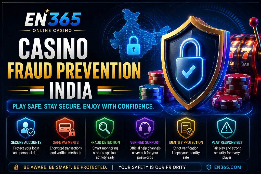 EN 365 online casino banner for “Casino Fraud Prevention India” featuring a security shield, lock icon, India map, fraud detection symbols, safe payment icons, and casino-themed visuals.