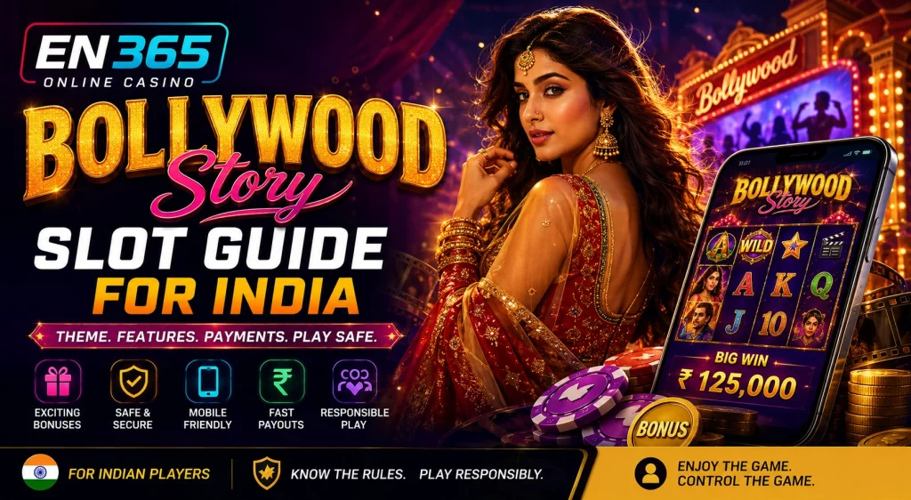 EN 365 Bollywood Story Slot Guide India banner with Bollywood-style visuals, mobile slot interface, casino chips, payment icons, safety symbols, and responsible play message.