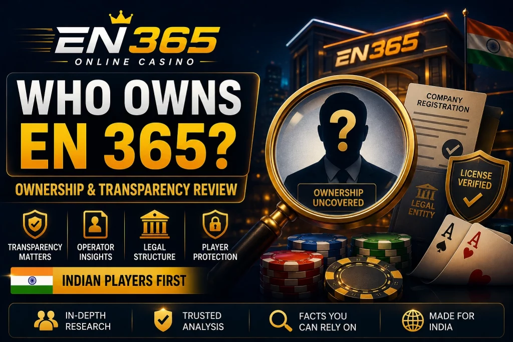 Who Owns EN 365 ownership and transparency review banner for Indian players with legal entity, licence verification and casino trust visuals