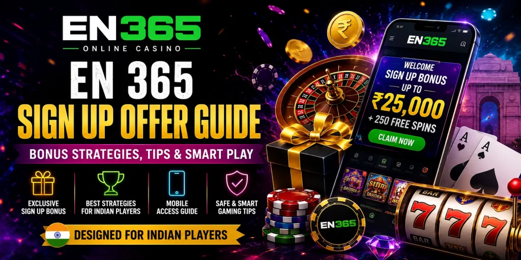 EN 365 Sign Up Offer Guide banner with mobile casino app, rupee bonus, roulette wheel, slot machine and Indian player-focused promotion design.
