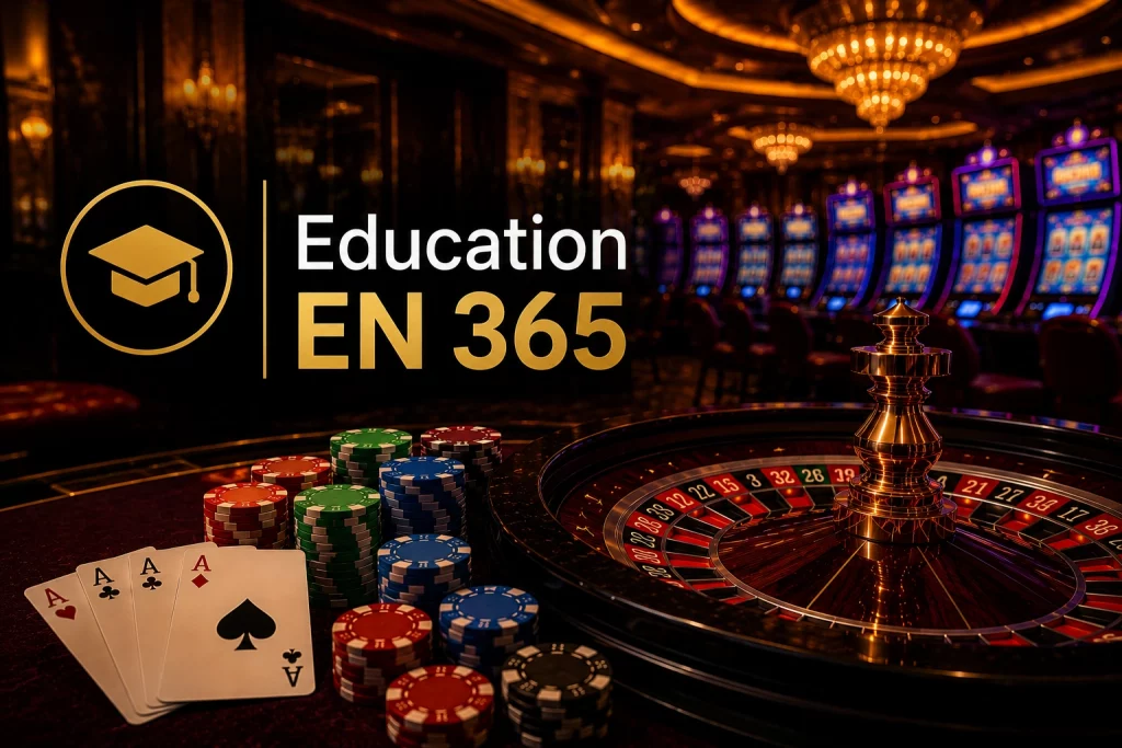 Education showing a luxurious casino interior with a roulette wheel, poker chips, and playing cards, featuring the text 'Education EN 365' prominently in the foreground.