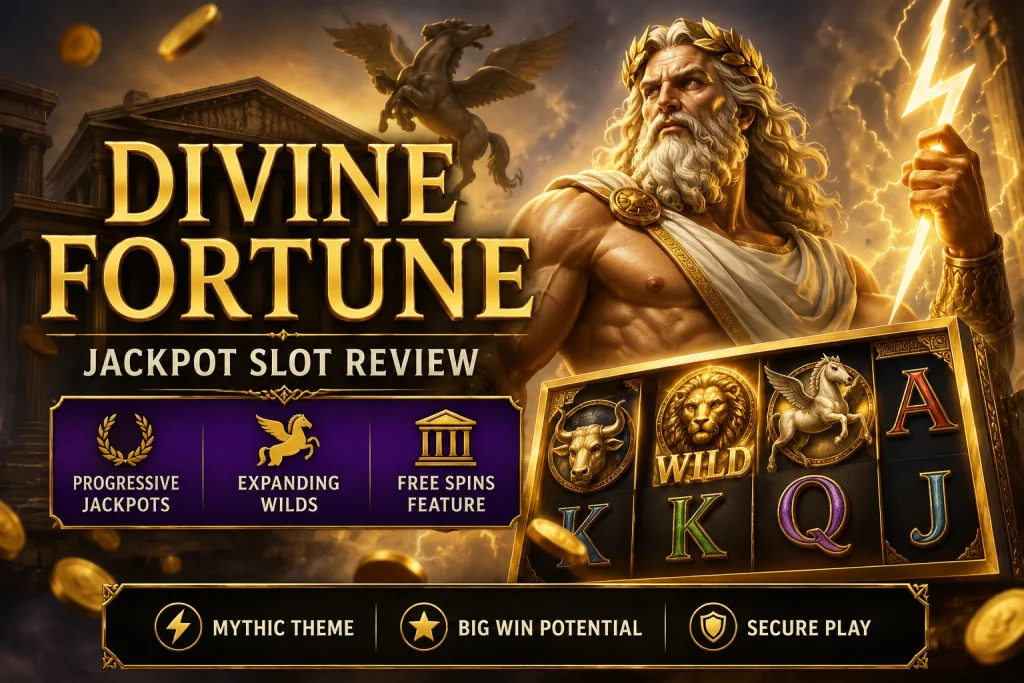 Divine Fortune jackpot slot review banner with Greek mythology theme, Zeus figure, reels, progressive jackpots, expanding wilds and free spins