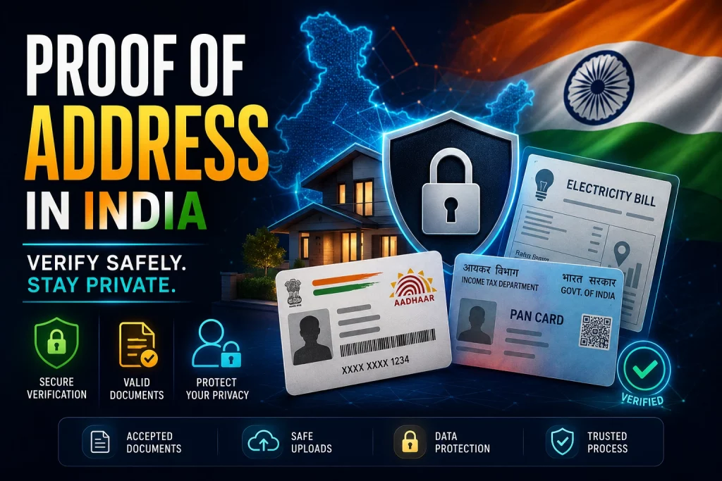 Proof of address verification guide for Indian gambling users with Aadhaar and PAN card security, utility bill checks, safe document upload, privacy protection, and secure account verification banner.