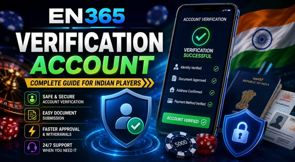 EN365 Verification Account guide banner for Indian players with secure account approval, document verification, payment confirmation, Indian identity visuals and casino security icons.