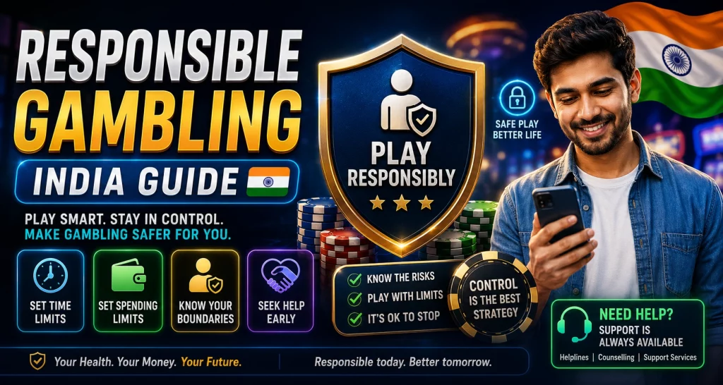 Responsible Gambling India Guide banner with play responsibly shield, Indian flag, time and spending limit icons, support message, casino chips and safer gambling controls.