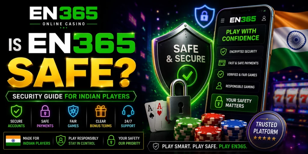 EN 365 safety guide banner with secure shield, mobile casino interface, Indian flag, casino chips and trusted online gaming protection concept for Indian players.