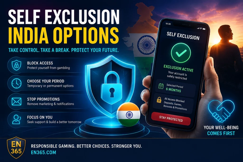 EN365 Self Exclusion India Options banner with secure mobile account blocking, responsible gaming protection, Indian-themed design, and safer gambling support system for players in India