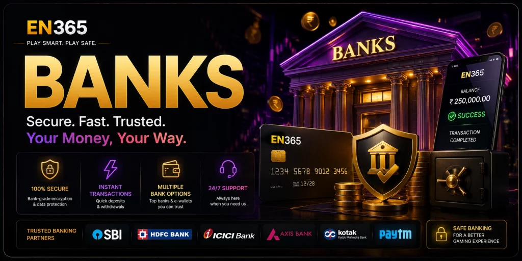 Banks showing realistic bank cards, cash, coins, secure payment icons, poker chips, and slot machines with neon casino lighting, emphasizing secure and efficient banking for online casino players.