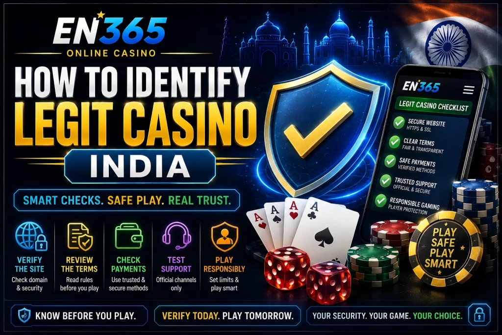 EN 365 online casino banner for “How to Identify Legit Casino India” featuring a trusted casino checklist, security shield, India flag, safe payment icons, support symbols, and casino-themed visuals.