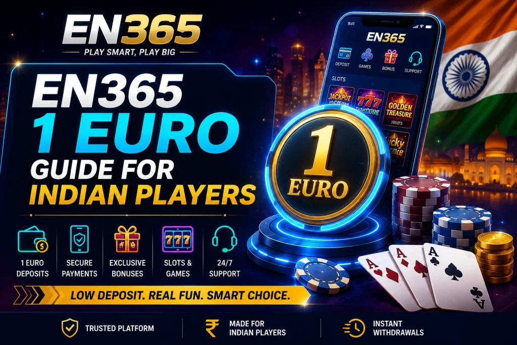 EN365 1 Euro guide banner for Indian players with euro deposit coin, casino chips, mobile app screen, secure payment icons, bonuses and bright casino visuals.