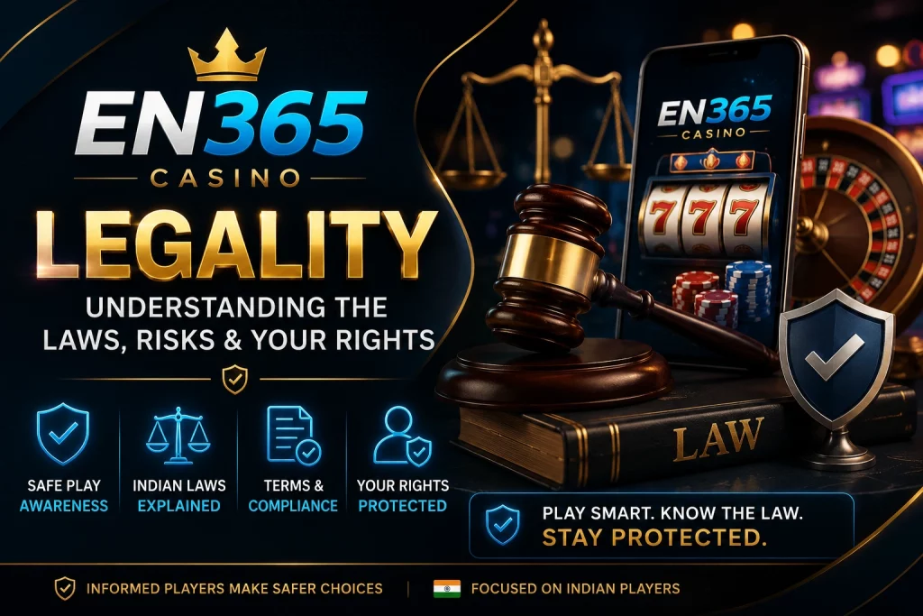 EN 365 Casino legality banner with legal scales, gavel, shield icon, casino symbols and Indian law awareness message