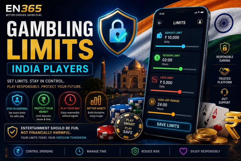 EN365 Gambling Limits India Players banner with responsible gaming controls, deposit and session limits on mobile app screen, Indian casino theme, safer gambling protection tools, and financial risk management for Indian players