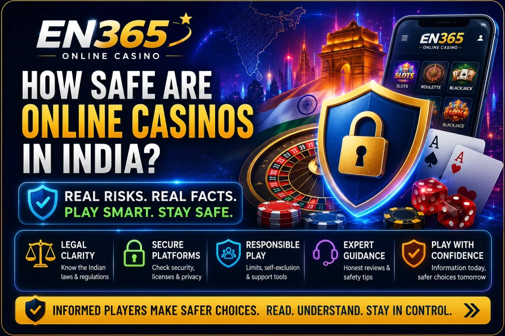 EN365 How Safe Are Online Casinos India banner with legal clarity, secure platform protection, responsible play tools, Indian flag elements, casino safety shield, and informed player guidance.