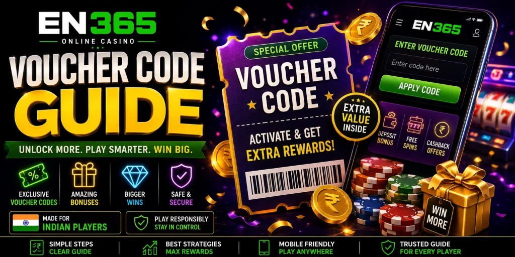 EN 365 Voucher Code Guide banner with voucher ticket, mobile apply code screen, rupee coins, casino chips and Indian player-focused bonus design.