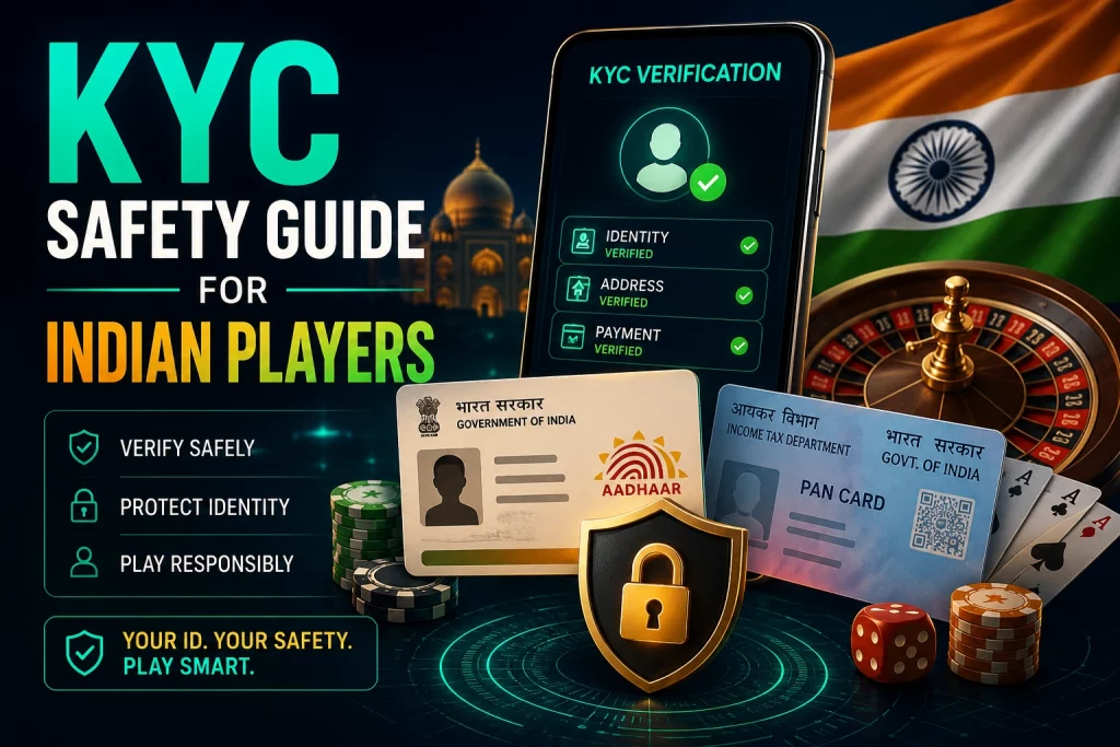 KYC verification safety guide for Indian casino players with Aadhaar and PAN card identity protection, secure account verification, responsible gaming, and online privacy awareness banner.