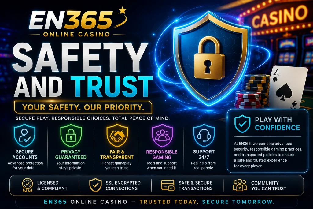 EN365 Safety and Trust banner with secure account protection, privacy shield, responsible gaming support, transparent policies, casino security icons, and safe play message for Indian users.