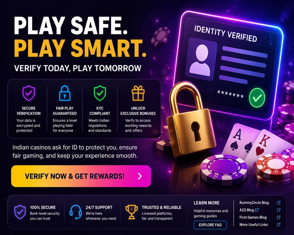 EN 365 casino banner for Indian players showing secure ID verification with neon casino graphics, glowing ID card, poker chips, playing cards, and a 'Play Safe, Play Smart' message.