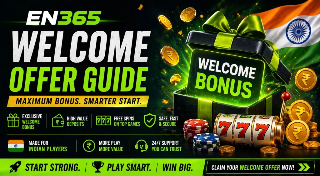EN 365 Welcome Offer banner featuring a modern online casino interface, glowing bonus elements, floating coins, promotional percentage graphics, and a sleek dark-themed gaming background designed for casino welcome promotions and player rewards.