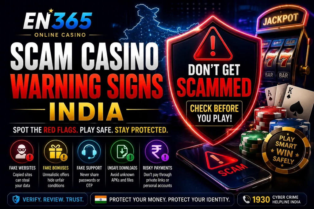 EN 365 online casino banner for “Scam Casino Warning Signs India” featuring a red warning shield, India map, fake website alerts, unsafe download icons, risky payment symbols, and casino-themed visuals.