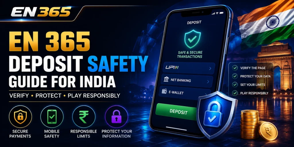 EN 365 Deposit Safety Guide banner for Indian users with secure payment interface, mobile transaction protection, responsible limits, and blue-gold financial safety design.